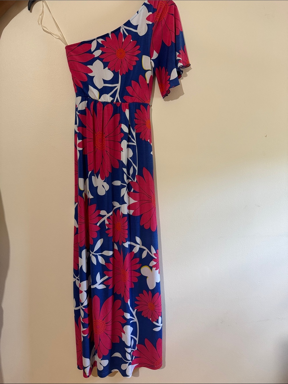 One-Shoulder Floral Maxi Dress - Blue & Pink